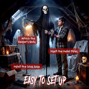 Assembly steps for the 183cm Grim Reaper: cross base, metal poles and body
