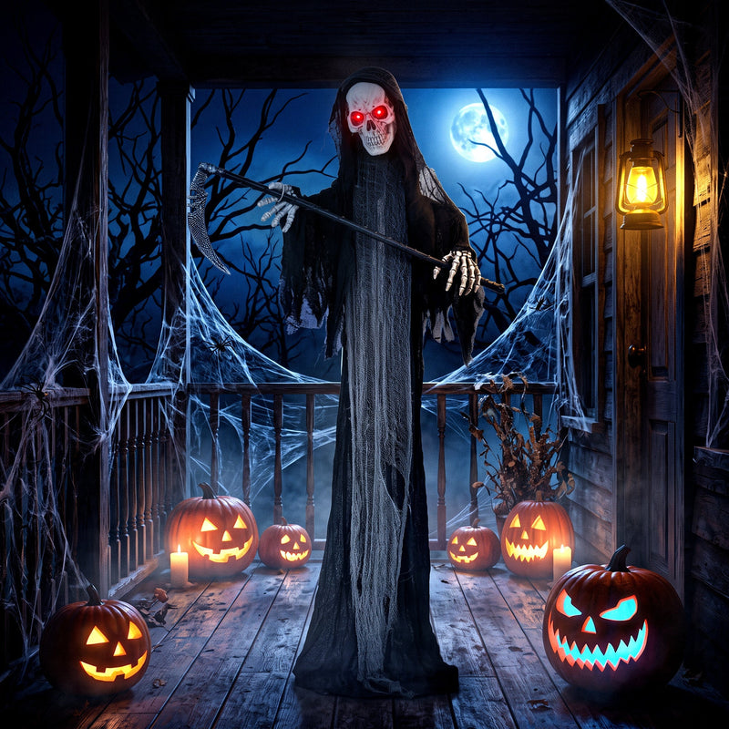 183cm Grim Reaper staged on a porch surrounded by carved jack-o'-lanterns