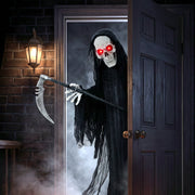183cm Grim Reaper animatronic emerging through a doorway at night
