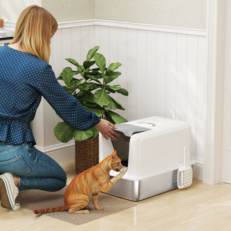 White Stainless Steel Cat Litter Box With Removable Lid Scoop and Filter Bags by PawHut