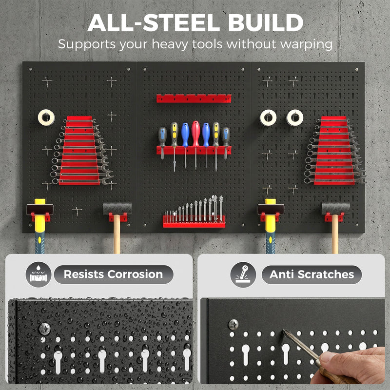 Steel Wall-Mounted Pegboard Tool Organiser Set for Garage or Shed Storage Black Red Homcom