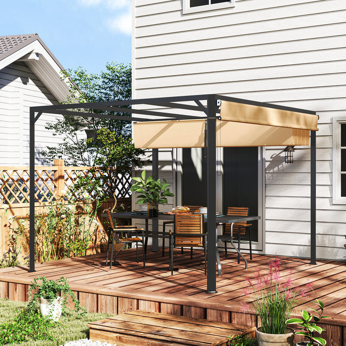 3 x 3m Aluminium Pergola with Retractable Roof and Wall Khaki by Outsunny