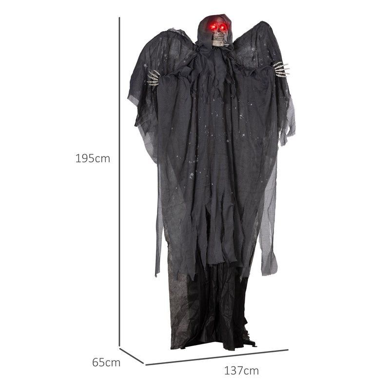 Dimension diagram of the grim reaper showing 195cm height, 137cm width and 65cm depth