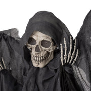 Close-up of the winged grim reaper's skull face and hood