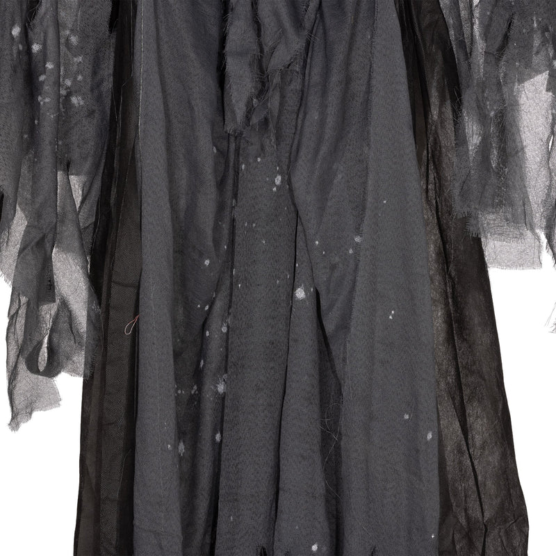 Close-up of the winged grim reaper's tattered grey robe fabric