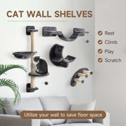 Four Piece Cat Wall Furniture Set with Hammock and Steps for Indoor Climbing Fun, Dark Grey