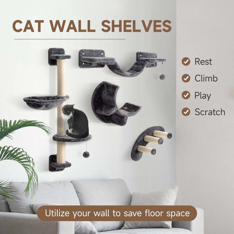 Four Piece Cat Wall Furniture Set with Hammock and Steps for Indoor Climbing Fun, Dark Grey