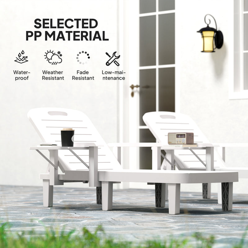 Set of 2 White Reclining Sun Loungers with Foldable Table for Garden and Beach by Outsunny