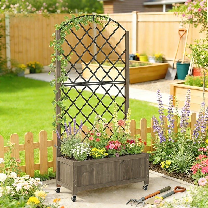 Wooden Planter with Metal Trellis and Wheels for Privacy and Climbing Plants Carbonised Finish Outsunny