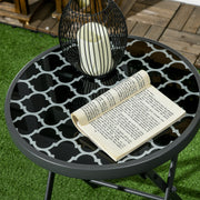 Round Folding Garden Side Table with Marble Effect Glass Top for Patio or Balcony Use