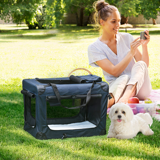 Foldable Soft Pet Carrier With Storage For Small Dogs And Cats Travel Crate, Dark Blue