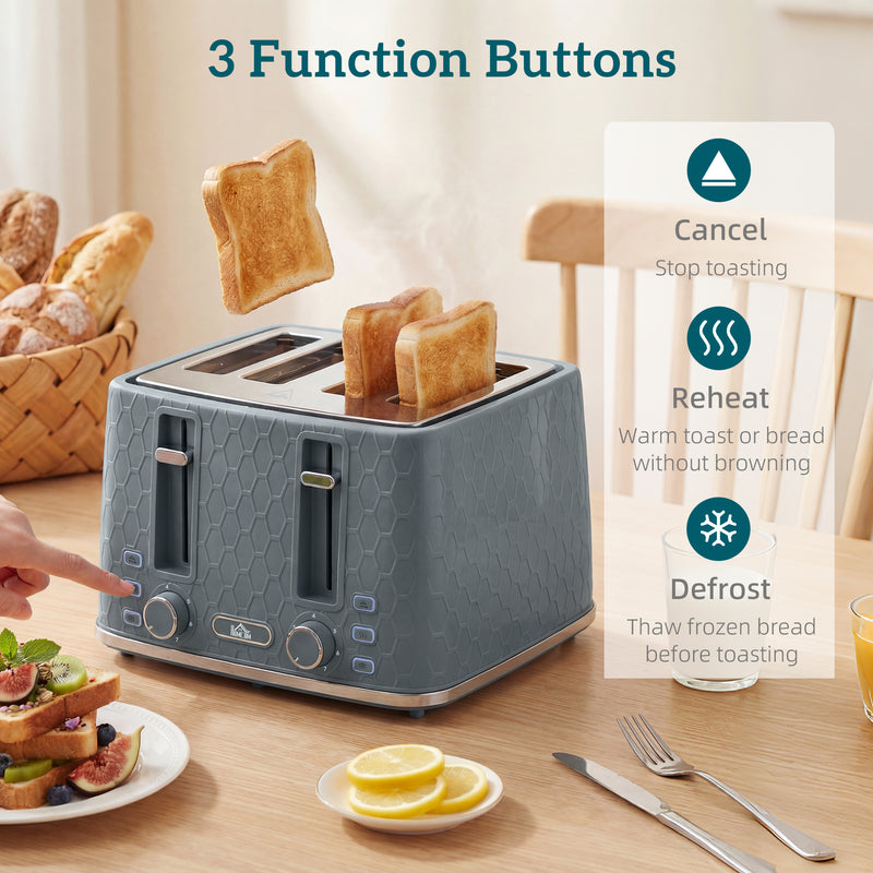 4 Slice Toaster and 17L Fast Boil Kettle Set With Adjustable Heat Settings Grey