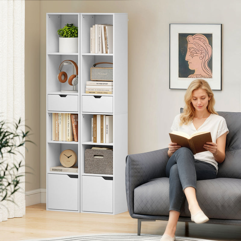 Tall 6 Tier Narrow Bookcase With Drawer and Storage Cabinet for Home Office White AOSOM