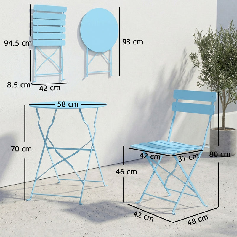 3pc Folding Metal Bistro Set for Small Gardens and Balconies, Light Blue Outsunny
