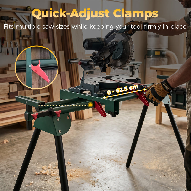 Mitre Saw Stand with Adjustable Rollers for Stable Timber Cutting Green