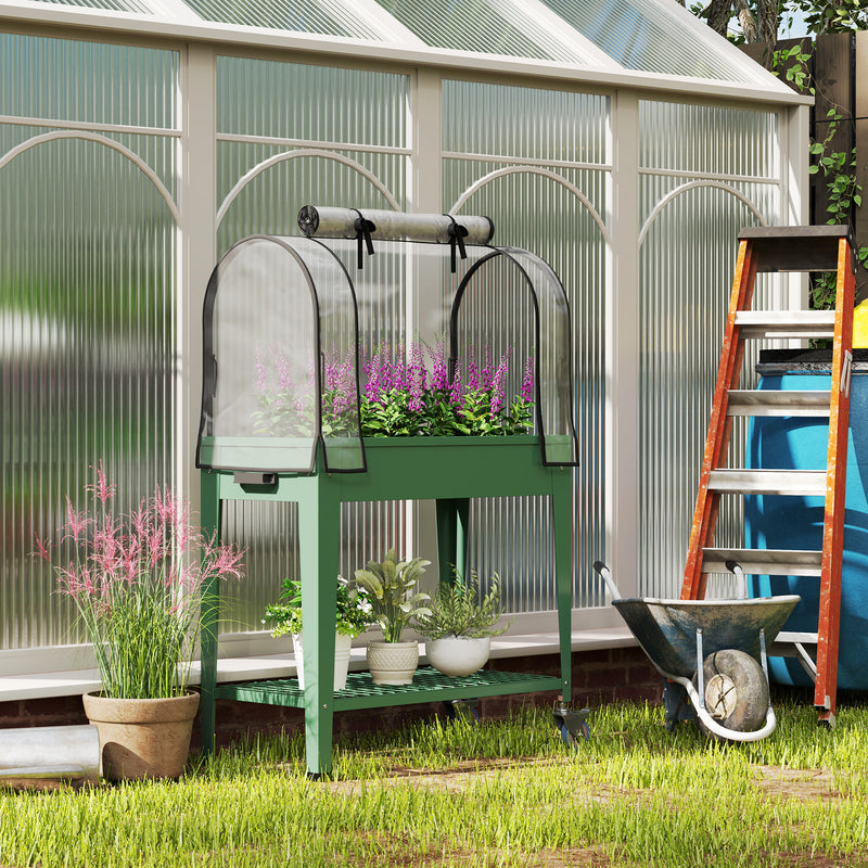 Raised Planter with Greenhouse Cover Mobile Garden Bed with Wheels and Shelf for Vegetables by Outsunny
