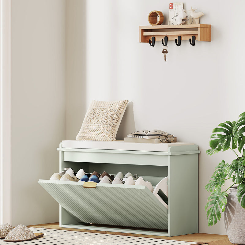 Green Shoe Storage Bench with Padded Seat and Eight Compartments by HOMCOM