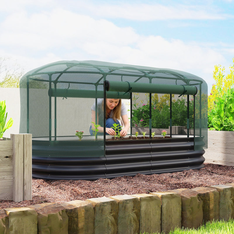 Galvanised Raised Garden Bed With Self Watering System and Mesh Cover 6x3ft Dark Grey Green AOSOM