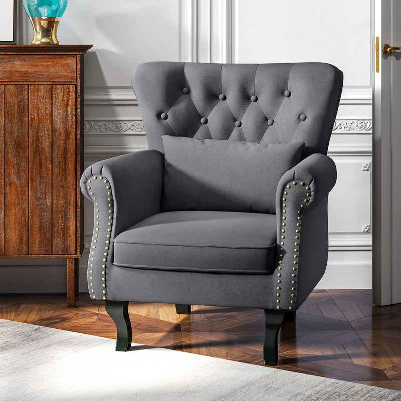 Chesterfield Style Accent Armchair With Tufted Back Ideal For Living Room, Grey