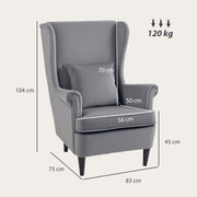 Dark Grey Velvet Accent Chair with High Back and Cushion for Living Room or Bedroom