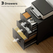 Black 3 Drawer Wood Effect Filing Cabinet With Smooth Rollers For Home Office Use