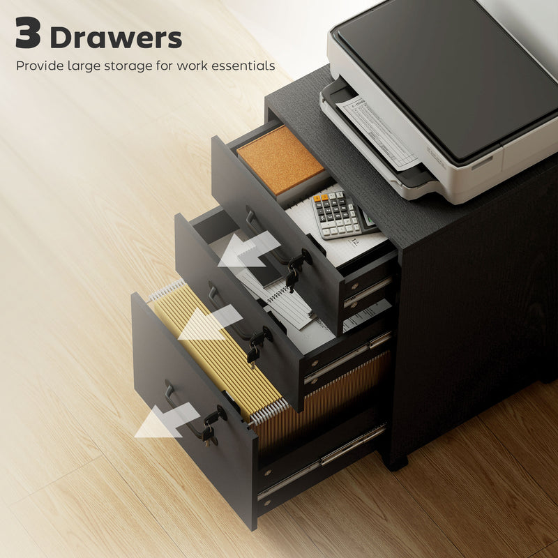 Black 3 Drawer Wood Effect Filing Cabinet With Smooth Rollers For Home Office Use