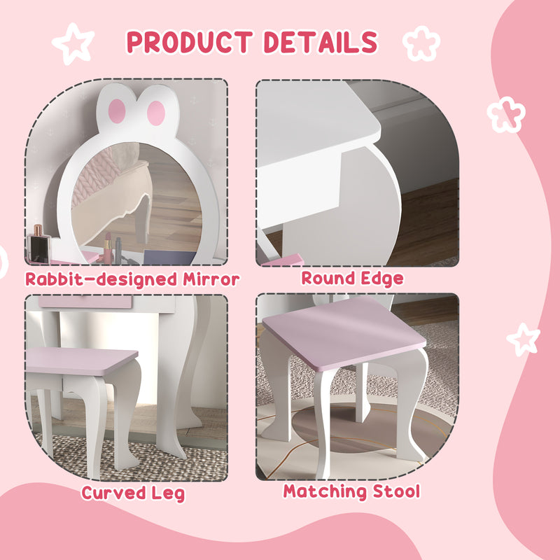Kids Dressing Table with Mirror and Stool Ideal for Bedroom or Playroom, White and Pink