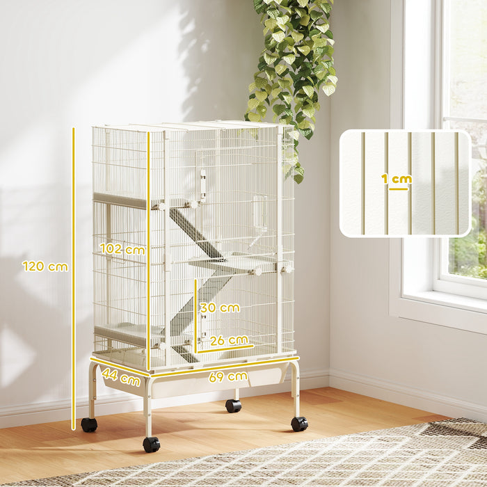 4 Level Rolling Small Animal Cage With Ramps Water Bottle and Deep Tray Beige by PawHut