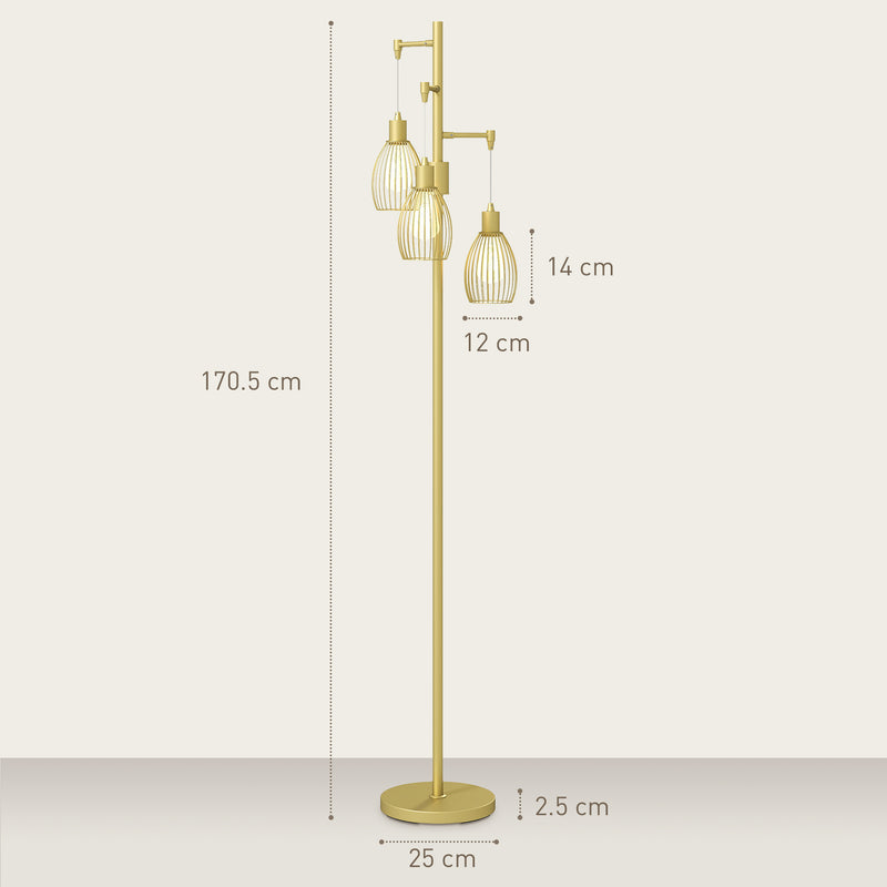 Gold Industrial 3 Light Floor Lamp with Dimmable Steel Shades for Living Room