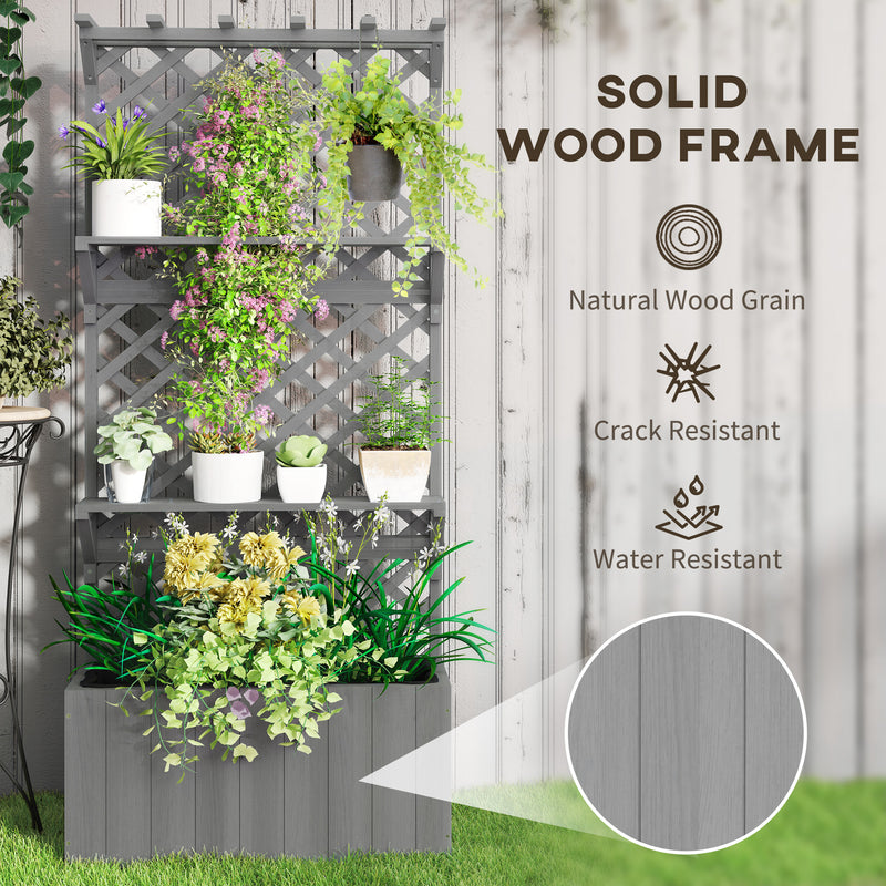 Wooden Garden Planter with Trellis and Shelves for Climbing Plants 52L Capacity Grey Outsunny