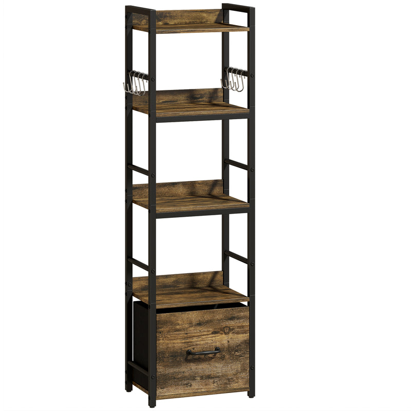Slim Bookshelf with Drawer and Hooks for Small Spaces and Corners Rustic Brown AOSOM