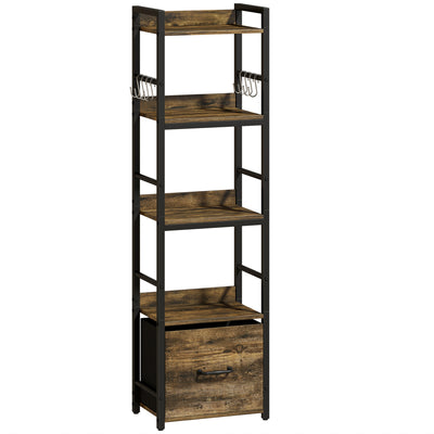 Slim Bookshelf with Drawer and Hooks for Small Spaces and Corners Rustic Brown AOSOM