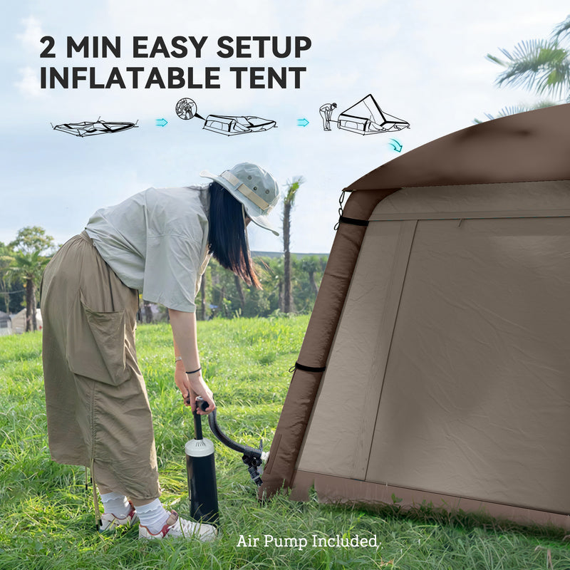 Inflatable 2 Person Camping Tent Quick Setup Waterproof Shelter with Mesh Screens Khaki