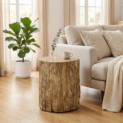 Side Table with Realistic Tree Stump Design for Indoor or Outdoor Use Natural AOSOM