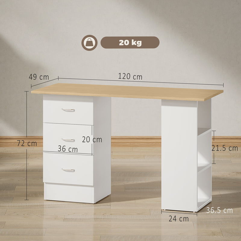 Computer Desk with 3 Storage Shelves and Drawers for Home Office Organisation, Natural Wood White