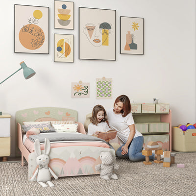 Toddler Bed Frame with Storage Shelf and 6 Fabric Bins for Kids Aged 3 to 6 Years Pink AOSOM