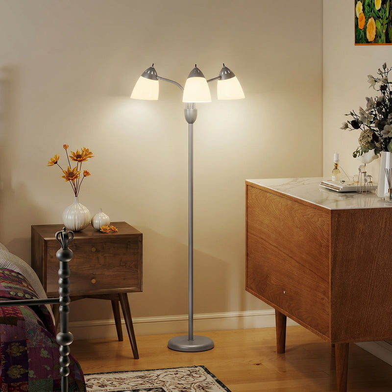 Floor Lamp with Three Adjustable Heads for Flexible Living Room or Office Lighting Silver Tone