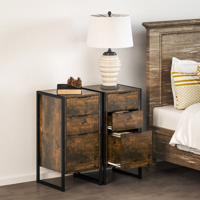 Set of 2 Industrial 3 Drawer Storage Chests With Metal Frame For Bedroom Or Lounge Rustic Brown