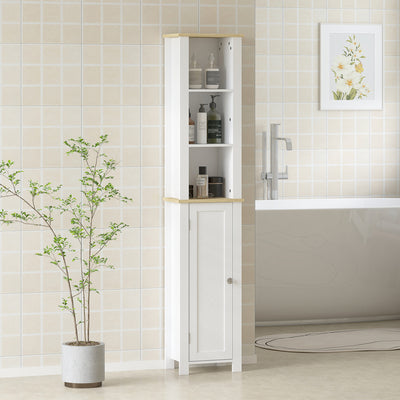 Slim Bathroom Storage Cabinet With Adjustable Shelf And Open Compartment, White