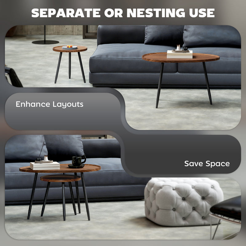 Set of 2 Modern Nesting Coffee Tables with Metal Legs for Living Room or Office Chestnut
