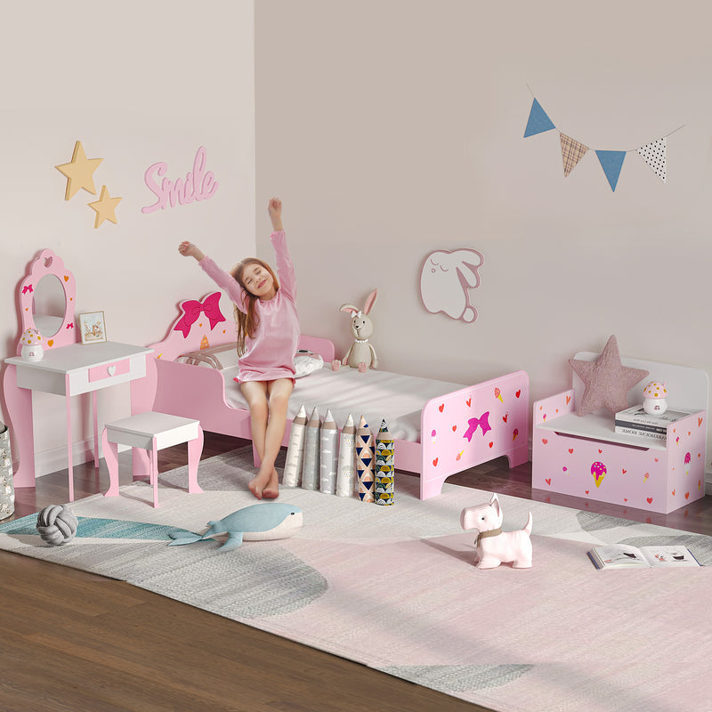 4 Piece Kids Bedroom Furniture Set with Bed Toy Box and Vanity for Ages 3 to 6 Pink AOSOM