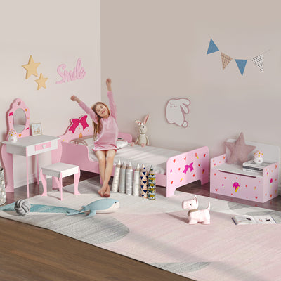 4 Piece Kids Bedroom Furniture Set with Bed Toy Box and Vanity for Ages 3 to 6 Pink AOSOM