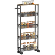 5 Tier Slim Storage Trolley With Wheels And Wood Effect Top For Kitchen Or Bathroom Black AOSOM