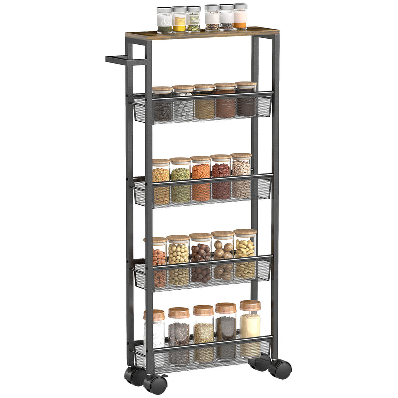 5 Tier Slim Storage Trolley With Wheels And Wood Effect Top For Kitchen Or Bathroom Black AOSOM