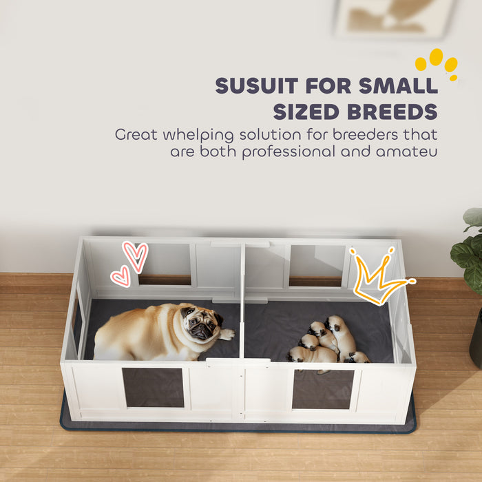 Two Room Whelping Box for Small Dogs with Pad Clear Panels Adjustable Entrance by PawHut