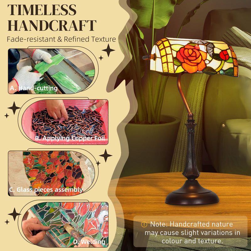 Table Lamp with Handmade Stained Glass Shade for Warm Cosy Lighting Bronze Red