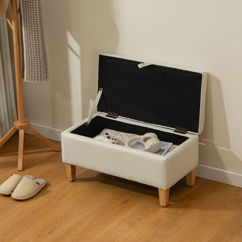 30L Beige Linen Storage Ottoman with Padded Seat and Wooden Legs for Bedroom or Hallway