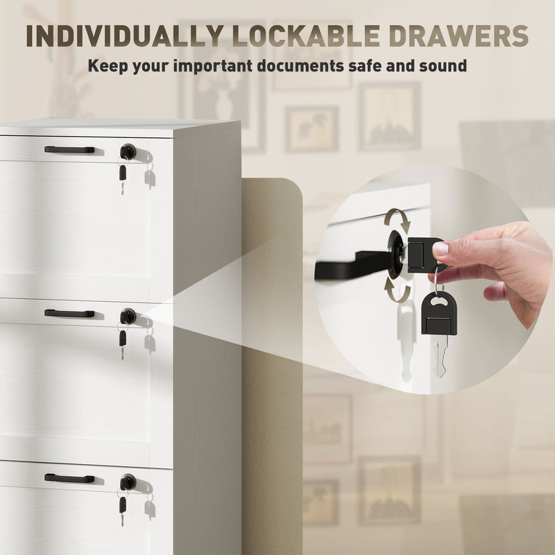 White 3 Drawer Filing Cabinet With Lock For Home Office Document Storage