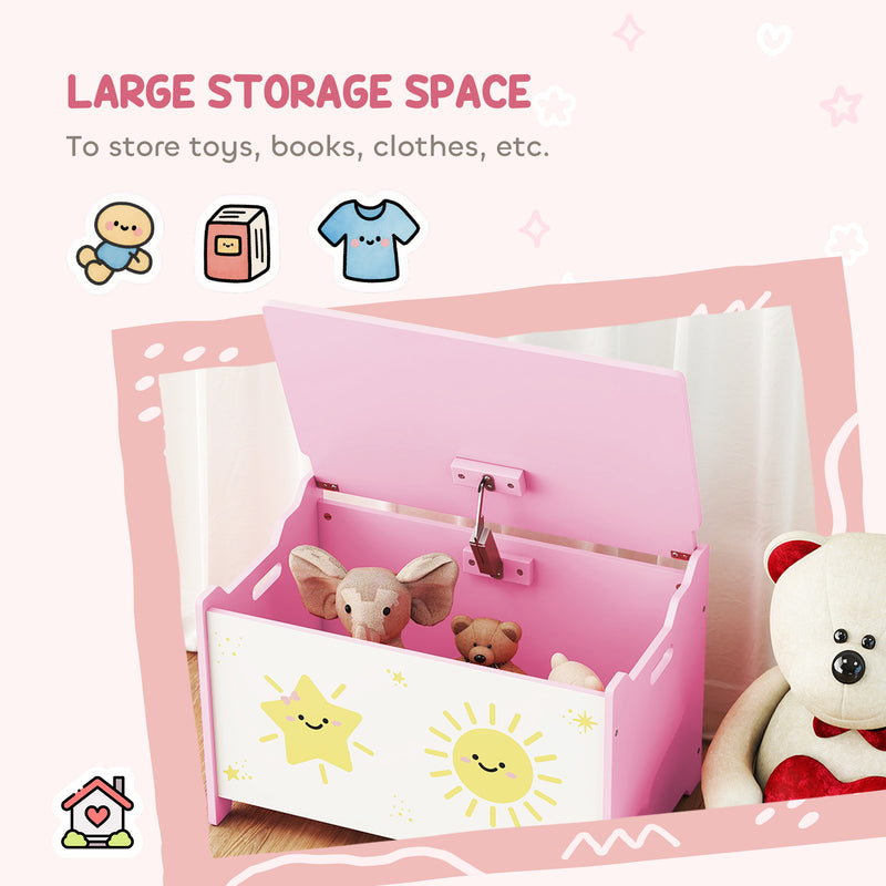 Kids Wooden Toy Storage Box with Safety Hinges and Handles for Playroom or Bedroom Pink 60x37x39 cm