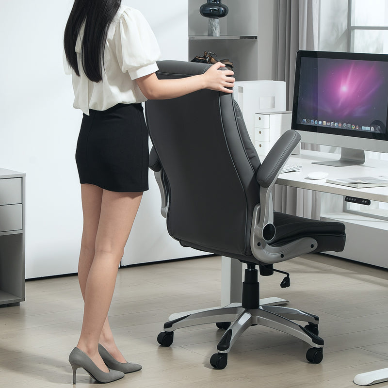 Dark Grey Faux Leather Executive Swivel Office Chair With Padded Arms by Vinsetto